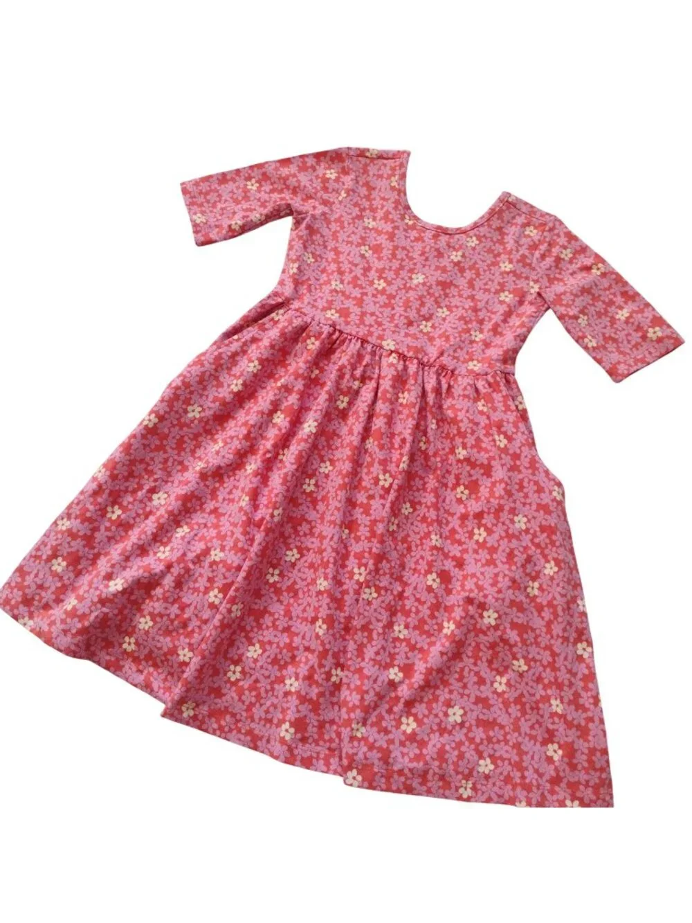Hanna Andersson Skater Dress 6-7 Pink Floral Cotton Knit Fit n Flare w POCKETS